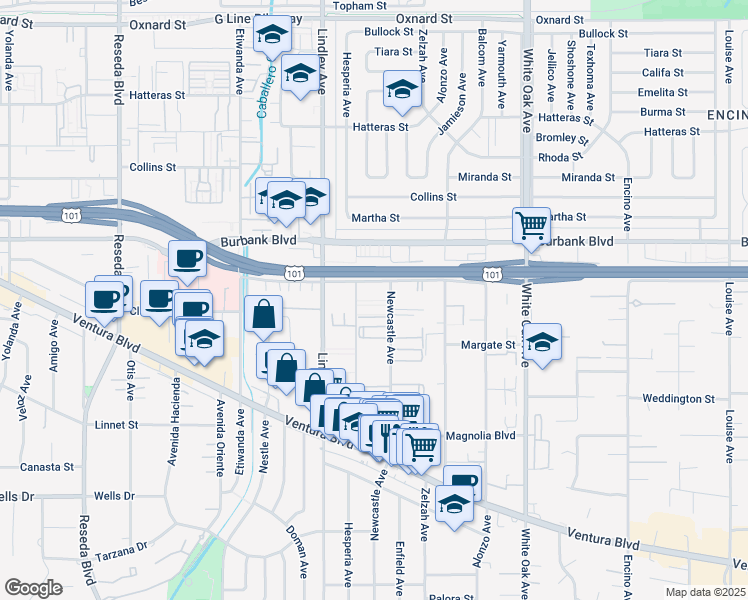 map of restaurants, bars, coffee shops, grocery stores, and more near 5437 Newcastle Avenue in Los Angeles