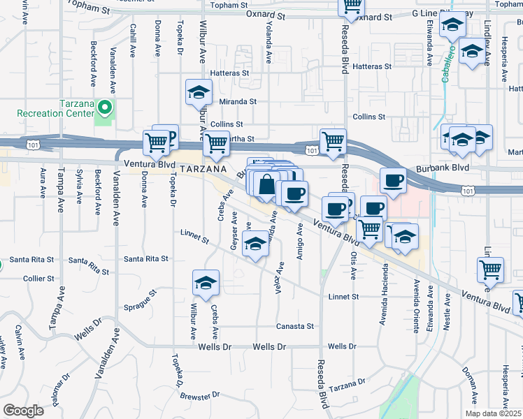 map of restaurants, bars, coffee shops, grocery stores, and more near 18700 Ventura Boulevard in Los Angeles