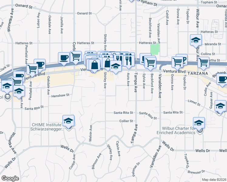 map of restaurants, bars, coffee shops, grocery stores, and more near 19421 Linnet Street in Los Angeles