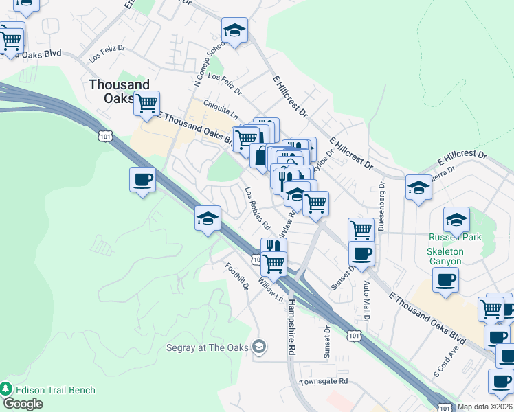 map of restaurants, bars, coffee shops, grocery stores, and more near in Thousand Oaks