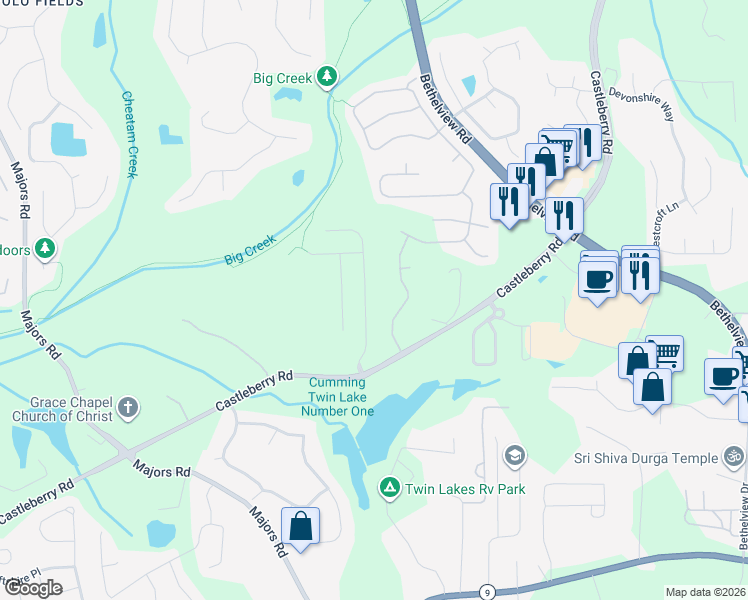 map of restaurants, bars, coffee shops, grocery stores, and more near 5980 Bluff Heights Drive in Cumming