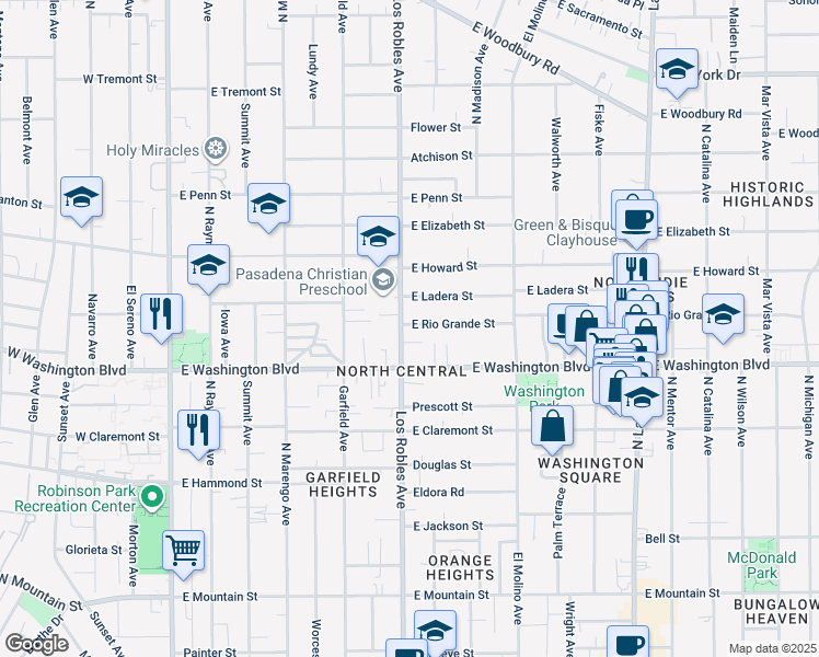 map of restaurants, bars, coffee shops, grocery stores, and more near 452 East Rio Grande Street in Pasadena