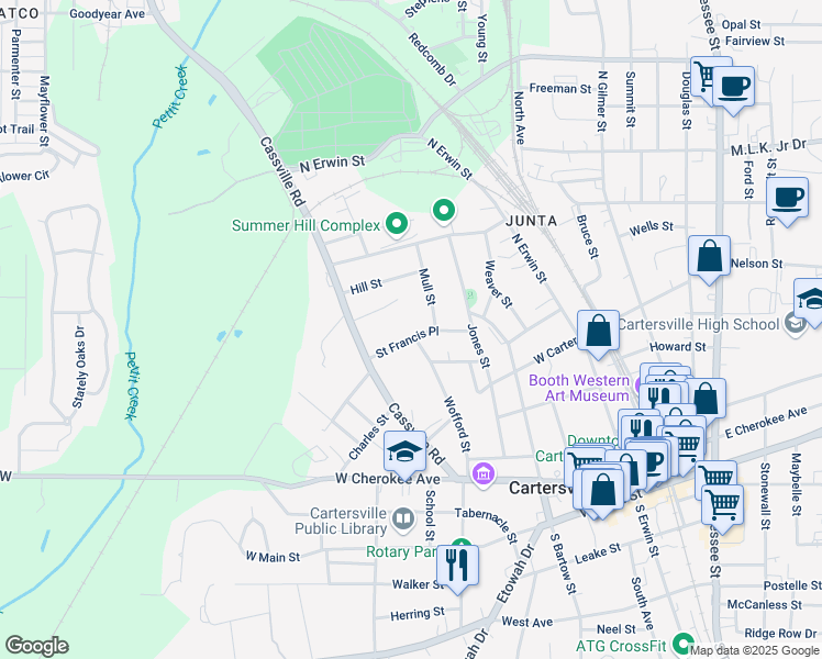 map of restaurants, bars, coffee shops, grocery stores, and more near 27 Saint Francis Place in Cartersville