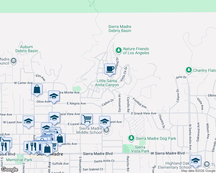 map of restaurants, bars, coffee shops, grocery stores, and more near 475 Sturtevant Drive in Sierra Madre