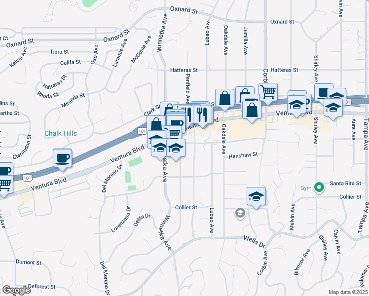map of restaurants, bars, coffee shops, grocery stores, and more near 5480 Quakertown Avenue in Los Angeles