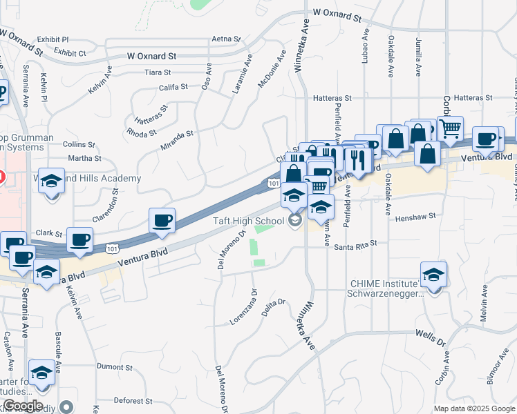 map of restaurants, bars, coffee shops, grocery stores, and more near 20205 Ventura Boulevard in Los Angeles