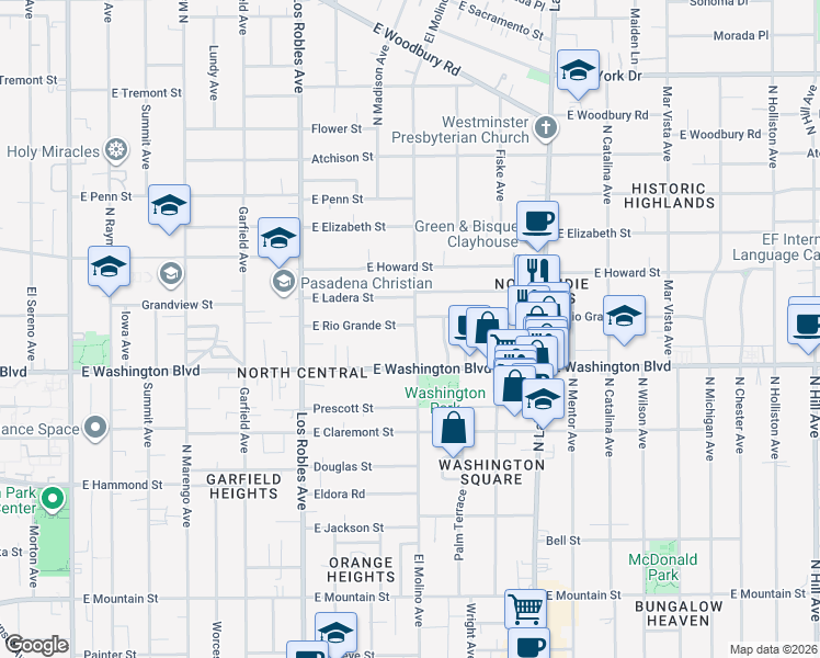 map of restaurants, bars, coffee shops, grocery stores, and more near 1396 North El Molino Avenue in Pasadena