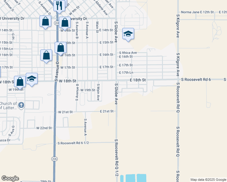 map of restaurants, bars, coffee shops, grocery stores, and more near 1900 South Globe Avenue in Portales
