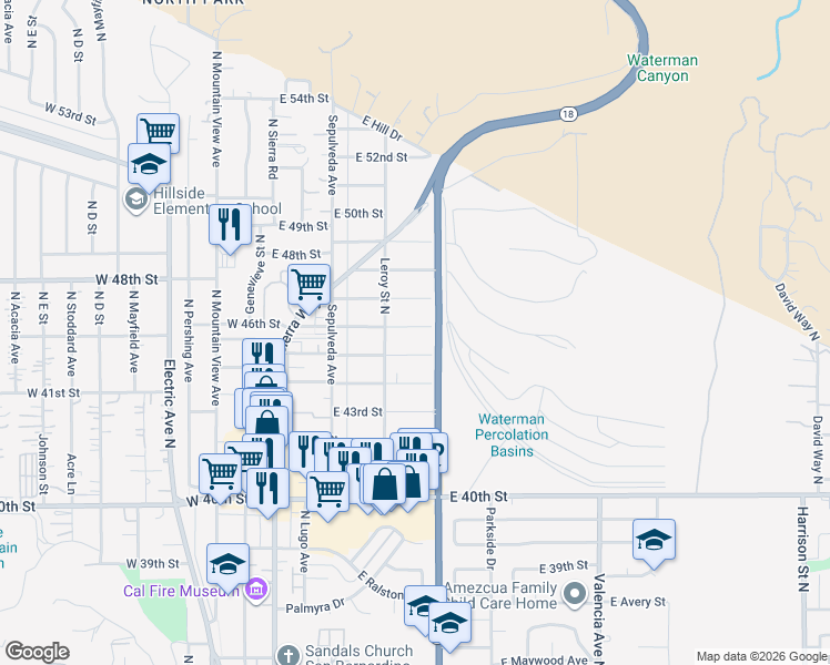 map of restaurants, bars, coffee shops, grocery stores, and more near 275 East 46th Street in San Bernardino