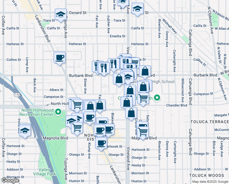 map of restaurants, bars, coffee shops, grocery stores, and more near 11055 Cumpston Street in Los Angeles