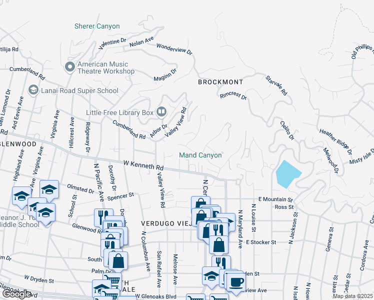 map of restaurants, bars, coffee shops, grocery stores, and more near 230 Cumberland Road in Glendale