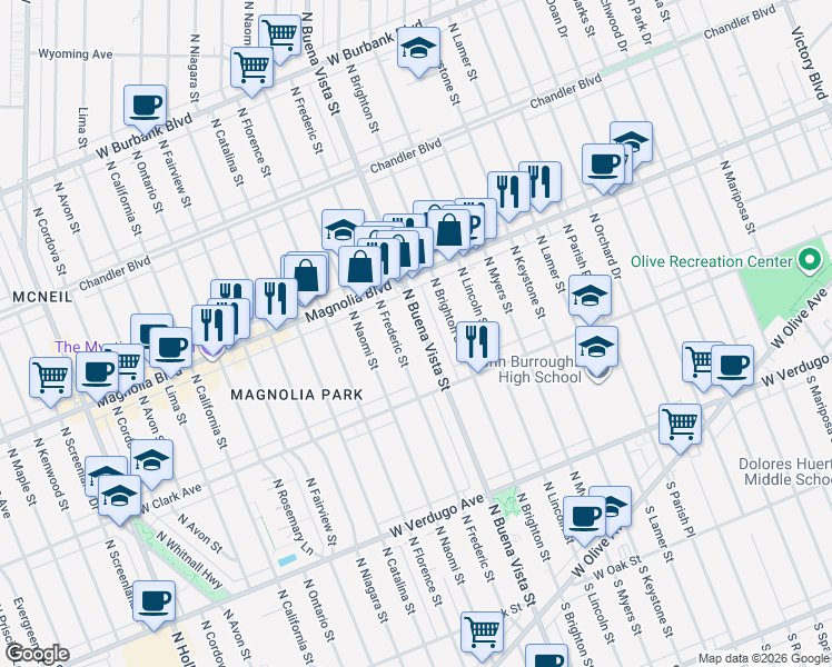 map of restaurants, bars, coffee shops, grocery stores, and more near 700 North Frederic Street in Burbank