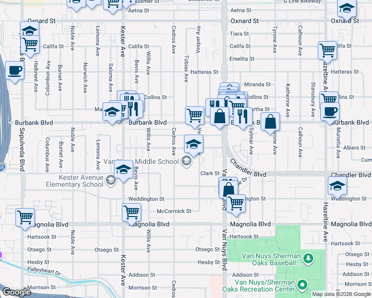 map of restaurants, bars, coffee shops, grocery stores, and more near 14670 Albers Street in Los Angeles