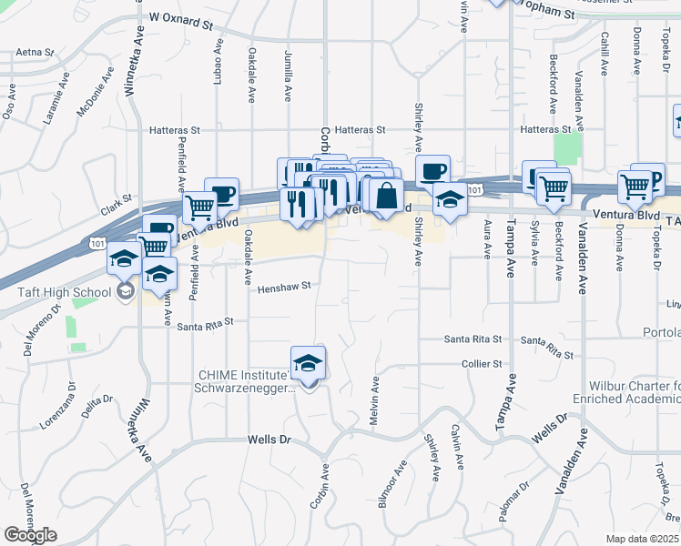 map of restaurants, bars, coffee shops, grocery stores, and more near 5461 Bothwell Road in Los Angeles