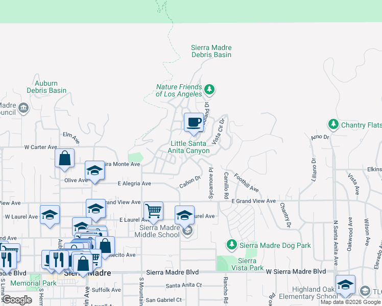 map of restaurants, bars, coffee shops, grocery stores, and more near 488 Audubon Way in Sierra Madre