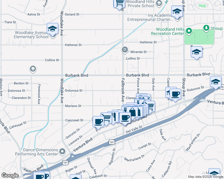 map of restaurants, bars, coffee shops, grocery stores, and more near 22843 Dolorosa Street in Los Angeles