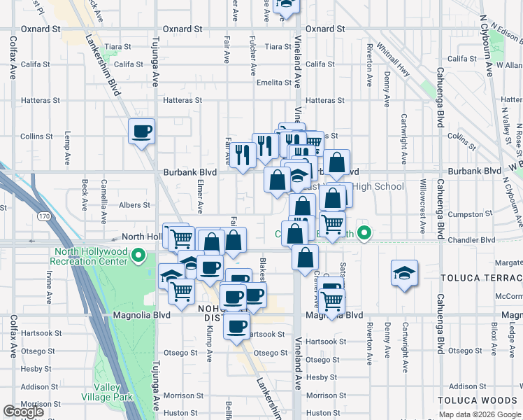 map of restaurants, bars, coffee shops, grocery stores, and more near 11103 Cumpston Street in Los Angeles