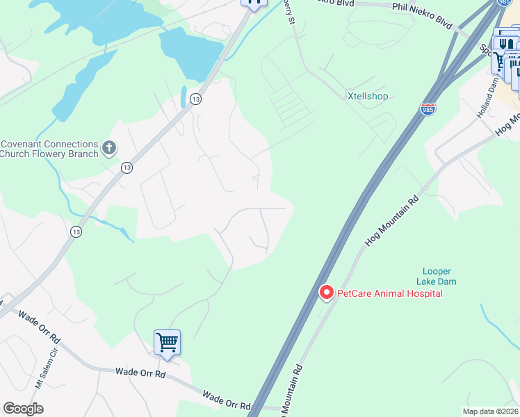 map of restaurants, bars, coffee shops, grocery stores, and more near 6358 Bearing Drive in Flowery Branch