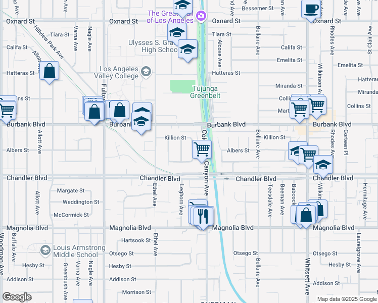 map of restaurants, bars, coffee shops, grocery stores, and more near 5457 Van Noord Avenue in Los Angeles