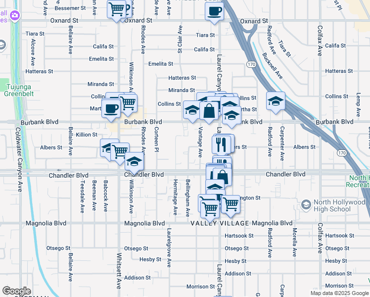 map of restaurants, bars, coffee shops, grocery stores, and more near 5455 Bellingham Avenue in Valley Village