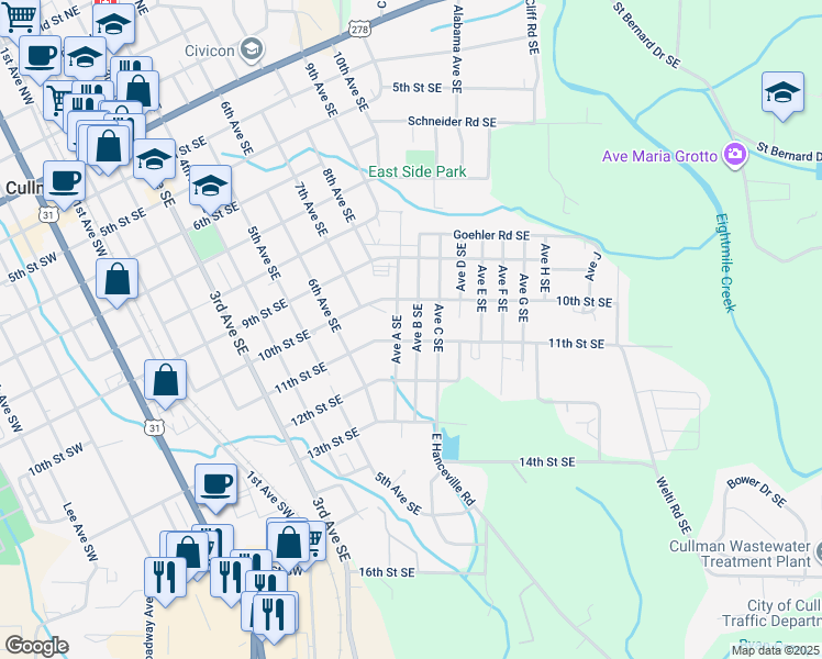 map of restaurants, bars, coffee shops, grocery stores, and more near 1016 Avenue A Southeast in Cullman