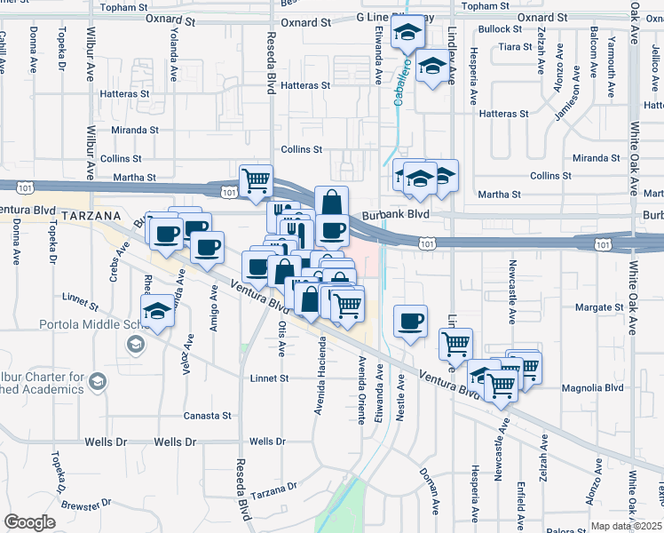 map of restaurants, bars, coffee shops, grocery stores, and more near 18365 Clark Street in Los Angeles