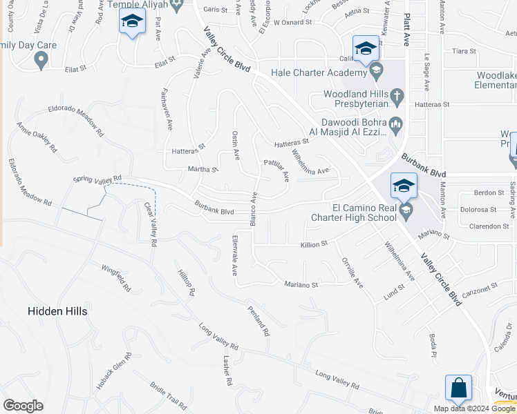 map of restaurants, bars, coffee shops, grocery stores, and more near 5500 Blanco Avenue in Los Angeles