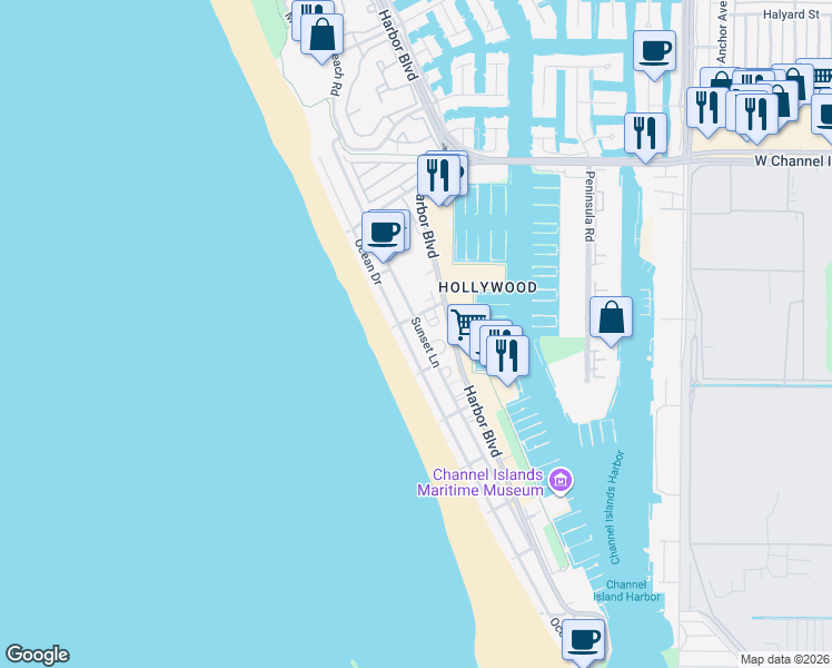 map of restaurants, bars, coffee shops, grocery stores, and more near 3845 Sunset Lane in Oxnard