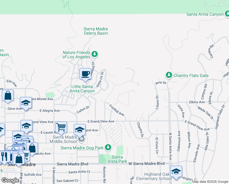 map of restaurants, bars, coffee shops, grocery stores, and more near 547 Acacia Street in Sierra Madre
