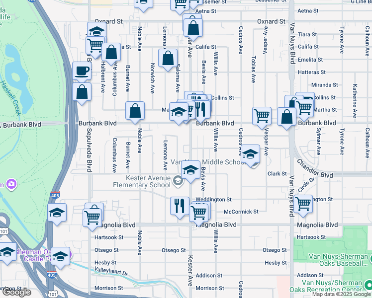 map of restaurants, bars, coffee shops, grocery stores, and more near 5451 Kester Avenue in Los Angeles