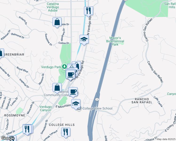map of restaurants, bars, coffee shops, grocery stores, and more near 1855 Verdugo Loma Drive in Glendale