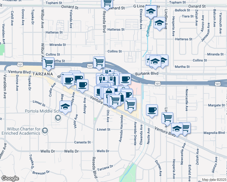 map of restaurants, bars, coffee shops, grocery stores, and more near 5500 Reseda Boulevard in Los Angeles
