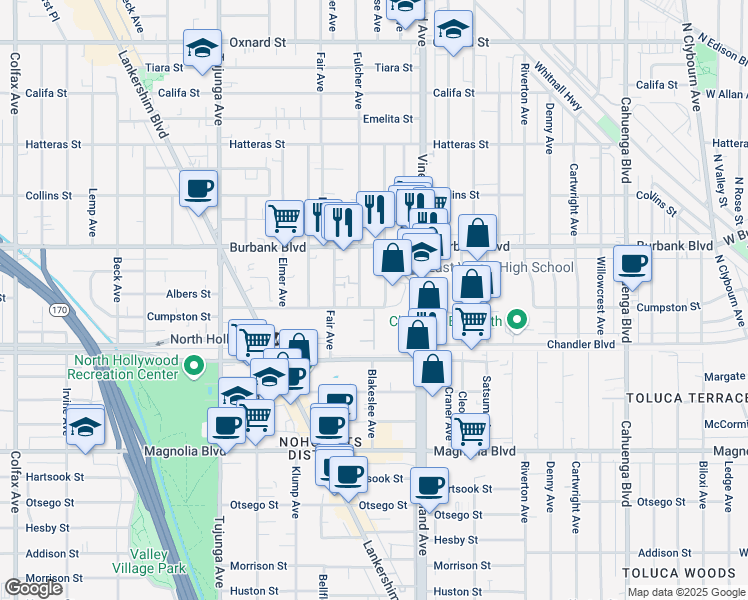 map of restaurants, bars, coffee shops, grocery stores, and more near 11103 Cumpston Street in Los Angeles