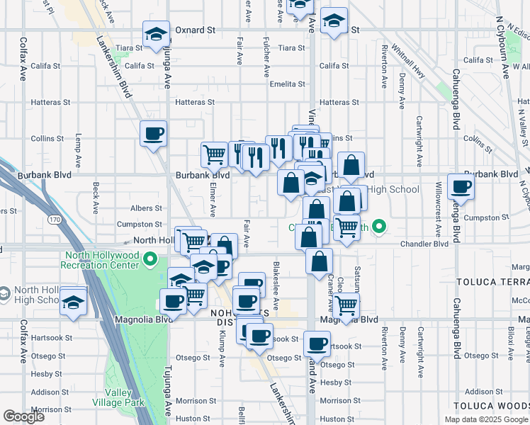 map of restaurants, bars, coffee shops, grocery stores, and more near 11123 Cumpston Street in Los Angeles