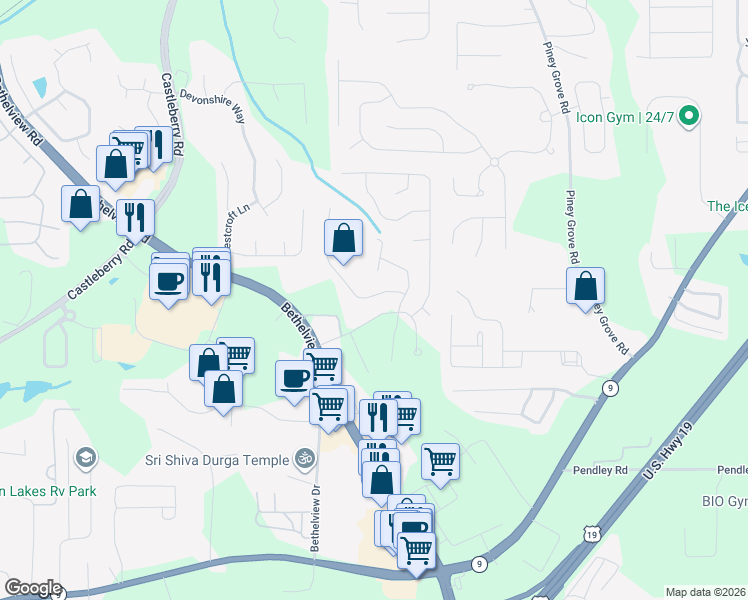map of restaurants, bars, coffee shops, grocery stores, and more near 6215 Whirlaway Drive in Cumming