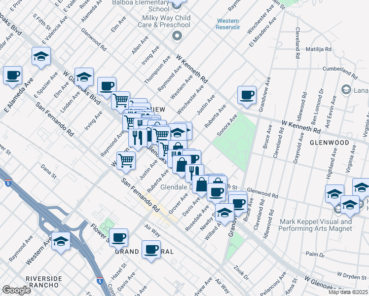 map of restaurants, bars, coffee shops, grocery stores, and more near 1540 5th Street in Glendale
