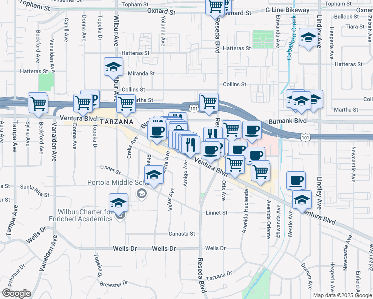 map of restaurants, bars, coffee shops, grocery stores, and more near 18610 1/2 Ventura Boulevard in Los Angeles
