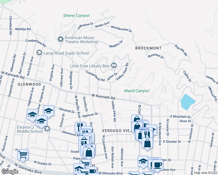 map of restaurants, bars, coffee shops, grocery stores, and more near 301 Lawson Place in Glendale