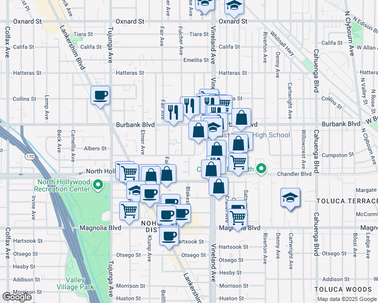 map of restaurants, bars, coffee shops, grocery stores, and more near 11063 Cumpston Street in Los Angeles