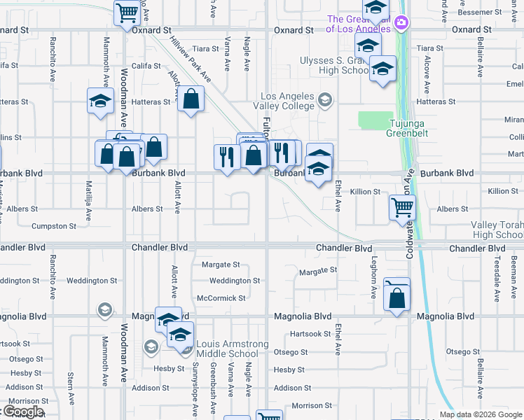 map of restaurants, bars, coffee shops, grocery stores, and more near 5457 Fulton Avenue in Los Angeles