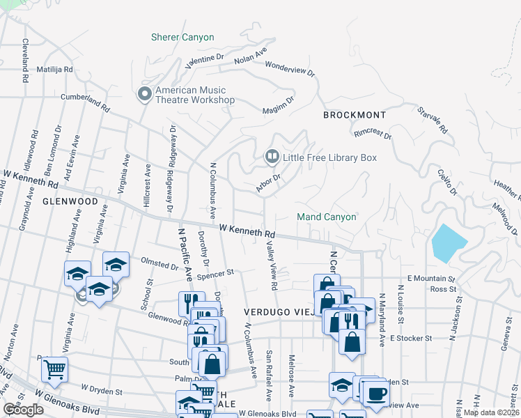 map of restaurants, bars, coffee shops, grocery stores, and more near 301 Lawson Place in Glendale