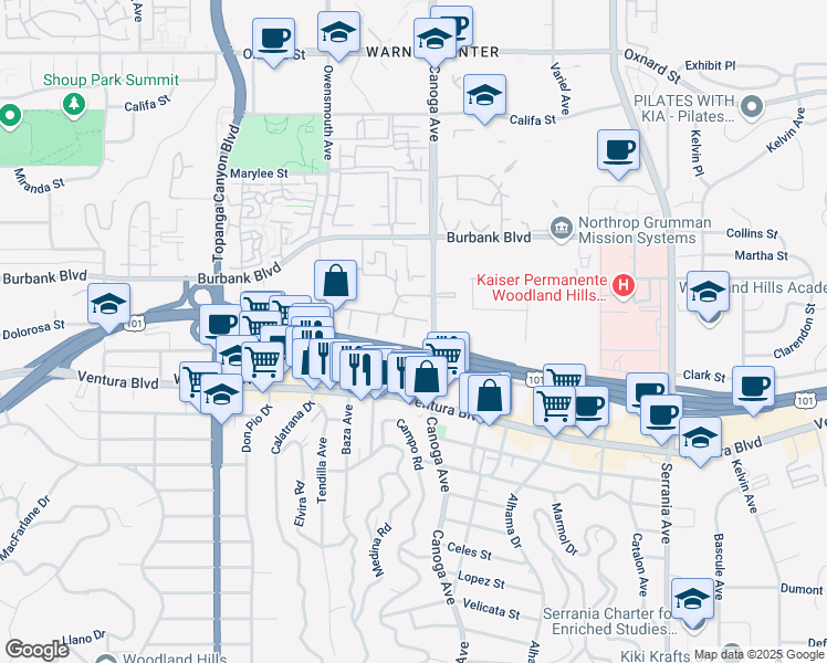 map of restaurants, bars, coffee shops, grocery stores, and more near 5515 Canoga Avenue in Los Angeles