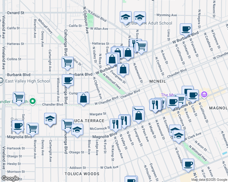 map of restaurants, bars, coffee shops, grocery stores, and more near 1237 North Whitnall Highway in Burbank