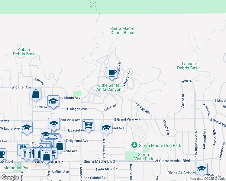 map of restaurants, bars, coffee shops, grocery stores, and more near 487 Sturtevant Drive in Sierra Madre