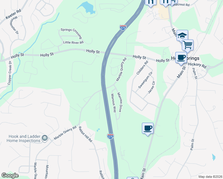 map of restaurants, bars, coffee shops, grocery stores, and more near 204 Manous Way in Canton