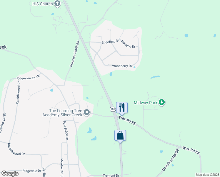 map of restaurants, bars, coffee shops, grocery stores, and more near 4353 Rockmart Rd SE in Silver Creek