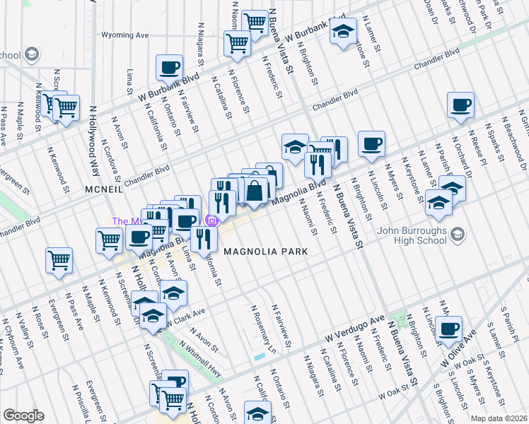 map of restaurants, bars, coffee shops, grocery stores, and more near 2926 West Magnolia Boulevard in Burbank