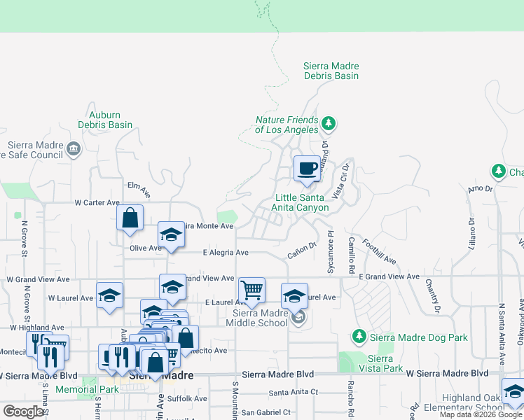 map of restaurants, bars, coffee shops, grocery stores, and more near 245 Old Ranch Road in Sierra Madre