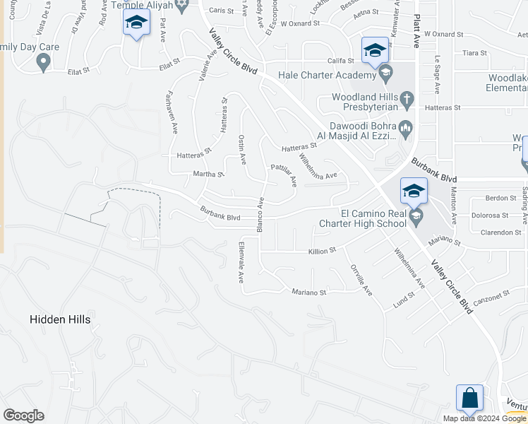 map of restaurants, bars, coffee shops, grocery stores, and more near 5500 Blanco Avenue in Los Angeles