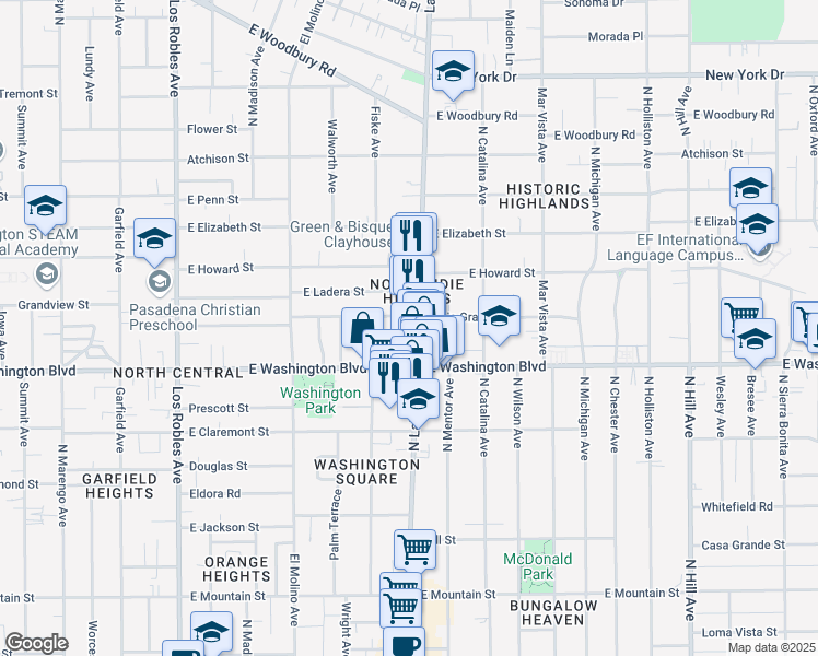 map of restaurants, bars, coffee shops, grocery stores, and more near 1405 North Lake Avenue in Pasadena